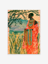 Colourful African woman poster with beaded necklaces and red robe against green foliage