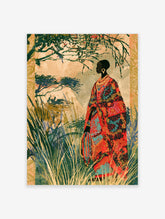 Colourful African woman art print in patterned robe with gold jewellery and acacia trees