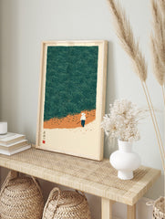 Illustrative print of a person walking a path through a dense field of green agave plants, in an alternate framed mockup