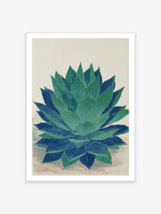 Agave plant botanical wall art print in green and blue with textured illustration style