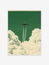 Vintage style airplane art print soaring through clouds on a deep green background