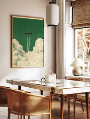 Vintage style airplane art print soaring through clouds on a deep green background, in a styled room mockup