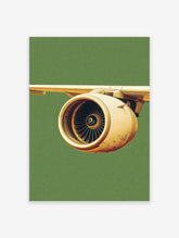Close-up of a detailed airplane engine and wing against a green background, featuring a modern aviation art print.