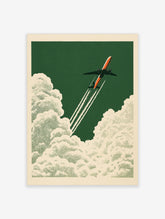 Retro aviation poster art featuring an orange airplane flying through white clouds on a green background