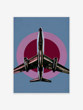 Modern airplane poster with a silver jet flying upwards against a blue sky with pink and burgundy target circles.