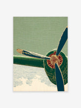Vintage-style illustration of an airplane propeller with blue blades, a red hub, and gold details against a textured green background.