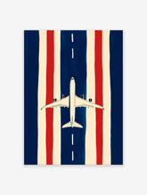 Minimalist airplane runway poster with a white plane on a blue runway, flanked by red and cream vertical stripes.