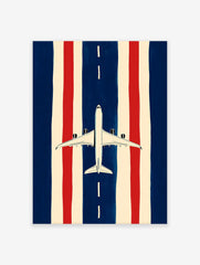 Minimalist airplane runway poster with a white plane on a blue runway, flanked by red and cream vertical stripes.