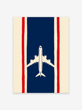 Minimalist airplane travel poster with a white plane on a blue stripe flanked by red and cream stripes, like the Thai flag.