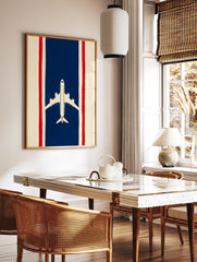 Minimalist airplane travel poster with a white plane on a blue stripe flanked by red and cream stripes, like the Thai flag. - Image 2