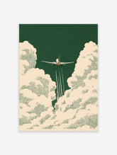 Airplane ascending through textured cream clouds on a deep forest green background, vintage aviation illustration