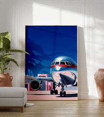 Modern airplane wall art print with a silver and red jet on a tarmac under a blue sky, featuring pink buildings. - Image 3
