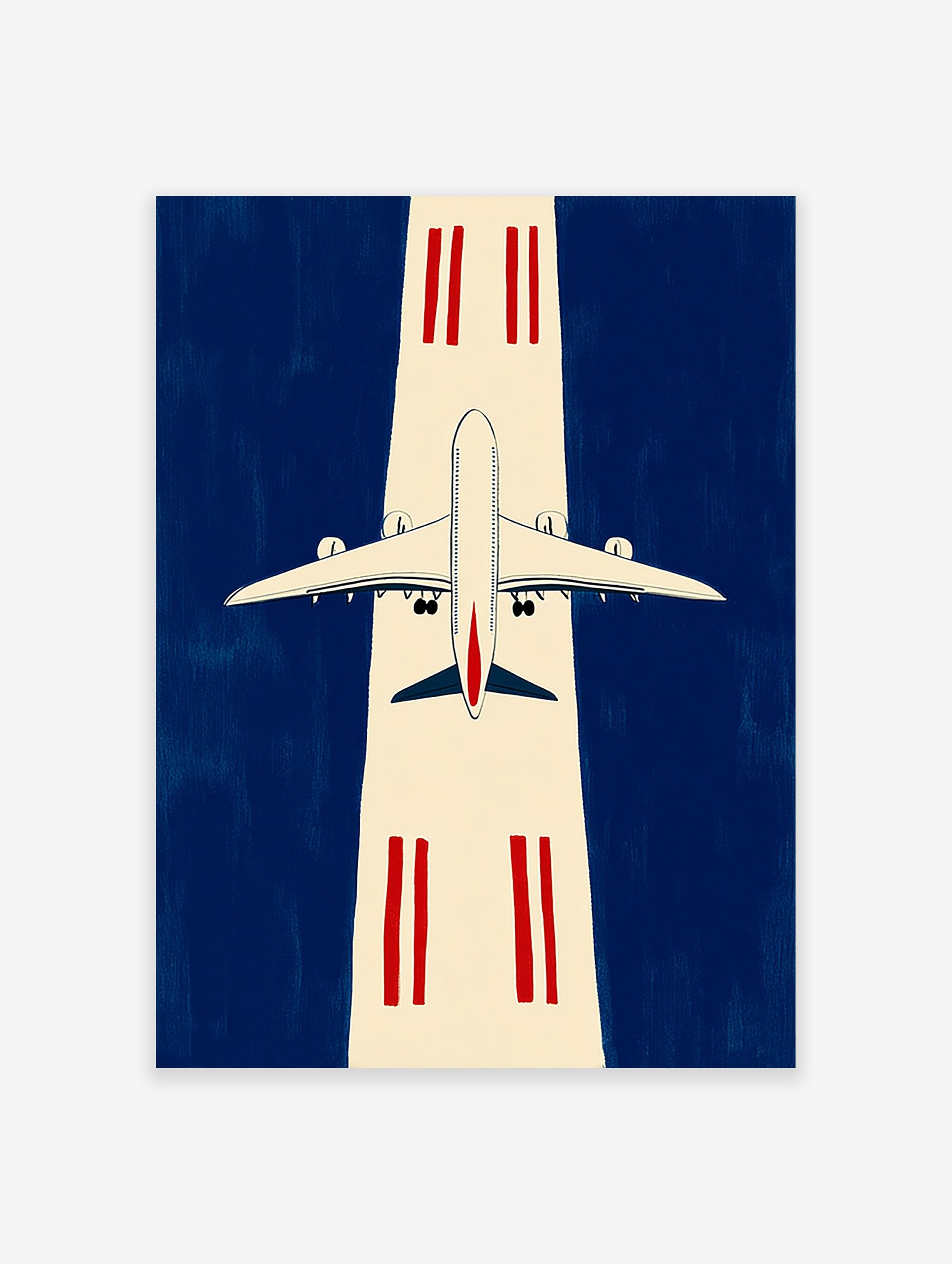 Modern airplane wall art print showing a white jet on a cream runway with red markings against a deep blue background.