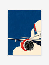 Modern illustration of an airplane flying through a blue sky with white clouds, featuring a red engine cowling.