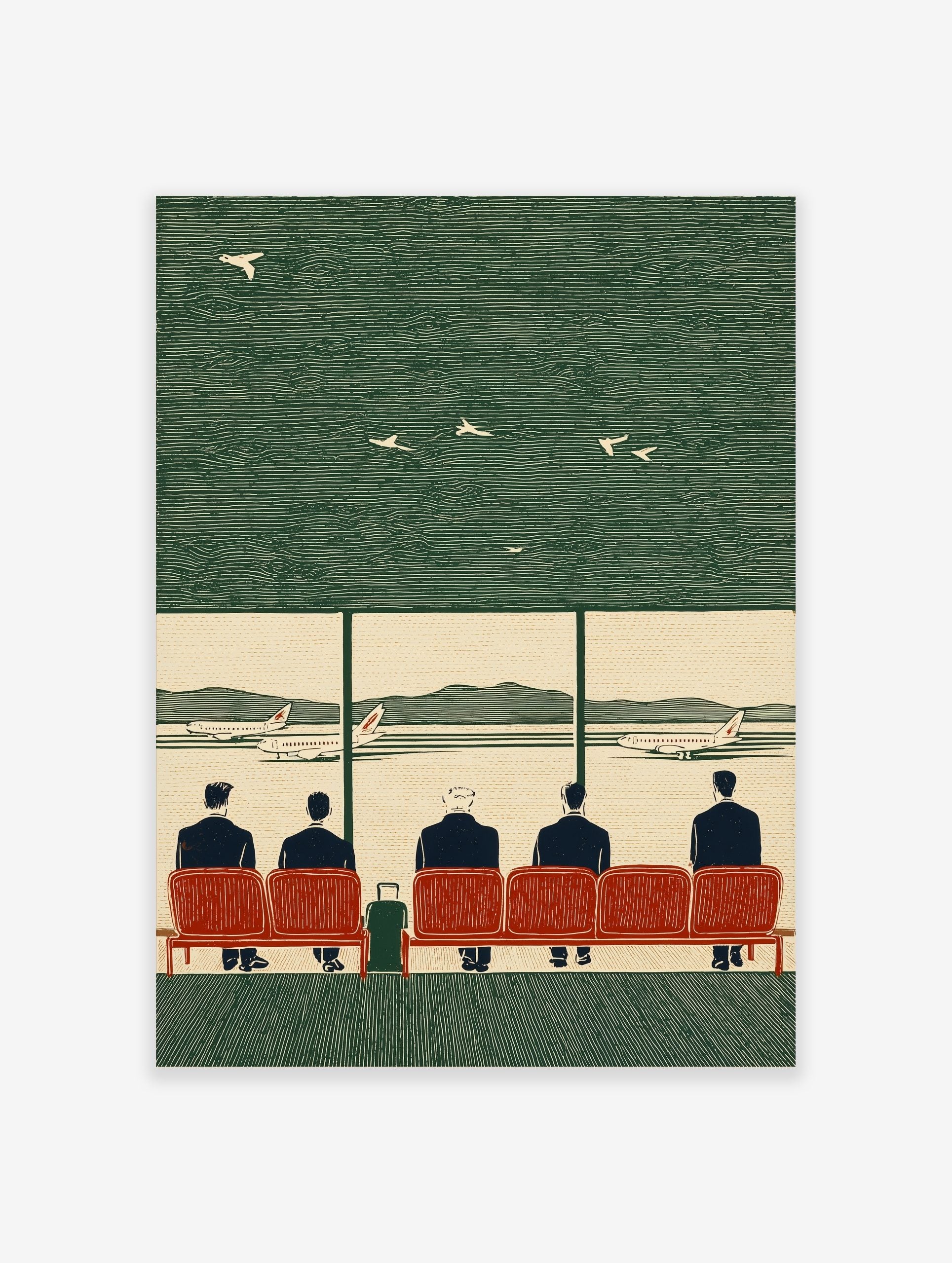 Vintage linocut illustration of five men on red seats in an airport, looking at planes on tarmac