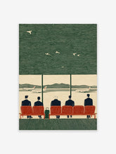 Vintage linocut illustration of five men on red seats in an airport, looking at planes on tarmac