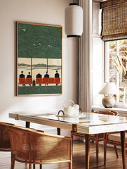 Vintage linocut illustration of five men on red seats in an airport, looking at planes on tarmac, in a styled room mockup