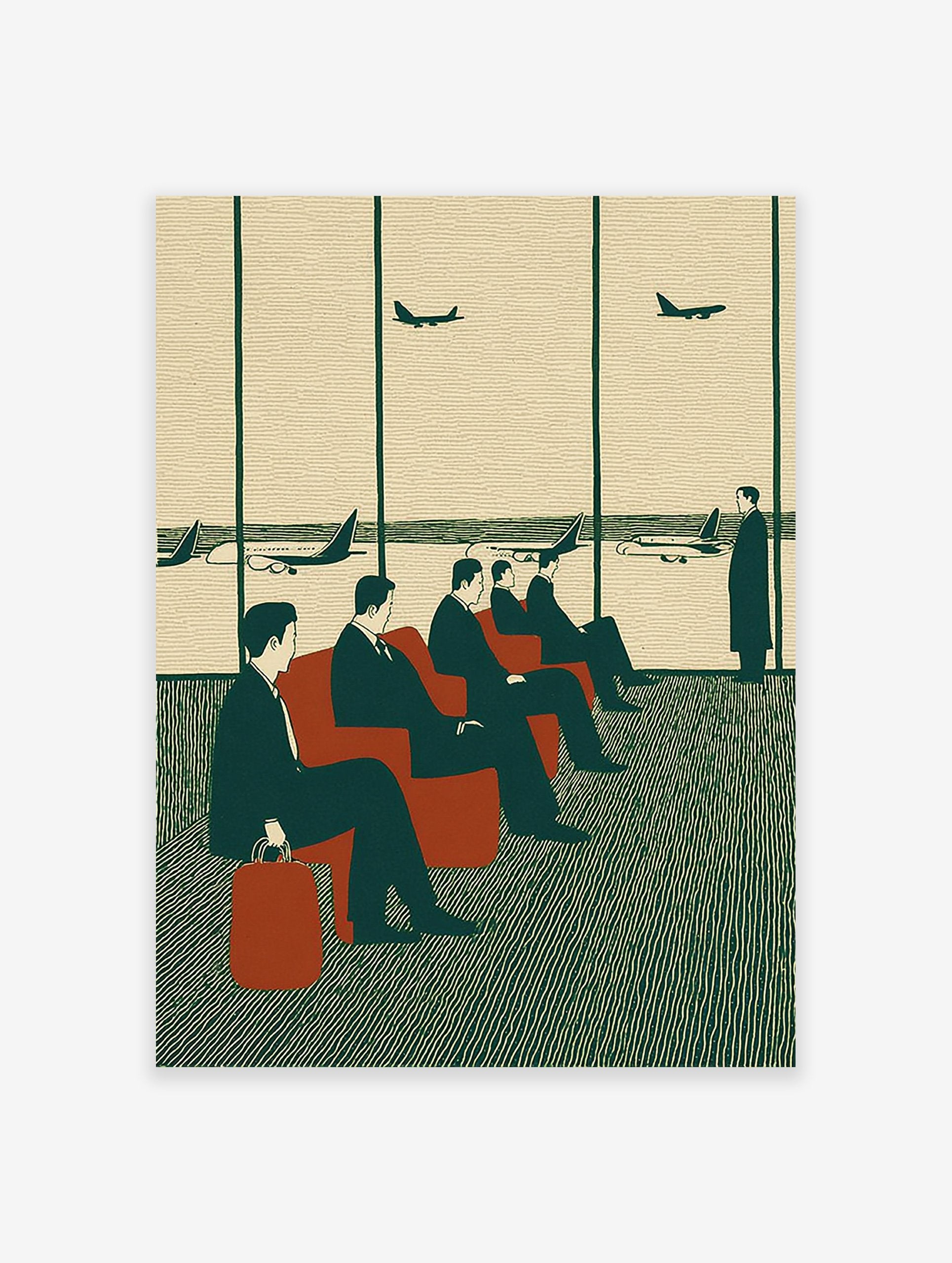 Mid-century airport lounge art print showing men in suits waiting for flights with planes visible outside the window.