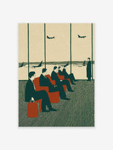 Mid-century airport lounge art print showing men in suits waiting for flights with planes visible outside the window.