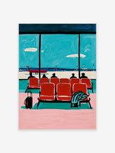 Airport lounge with red seats and red plane on tarmac, teal sky, pink floor, unframed paper print