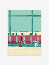 Airport terminal illustration with red seats, travellers, suitcase, and planes in teal and red
