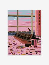 Pink airport waiting area illustration with empty seats, suitcase, newspaper, and plane through window