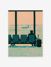 Airport window poster of a seated traveller watching a plane on the tarmac, teal and peach departure lounge print