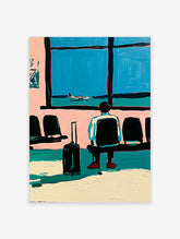 Airport departure lounge poster with seated traveller, suitcase and plane seen through blue windows