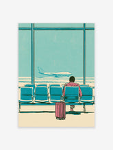 Illustration of a person with a pink suitcase watching a plane through an airport window, in teal and pink tones