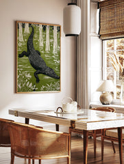 Linocut style alligator wall art swimming in a green swamp with white trees and plants in portrait, in a styled room mockup