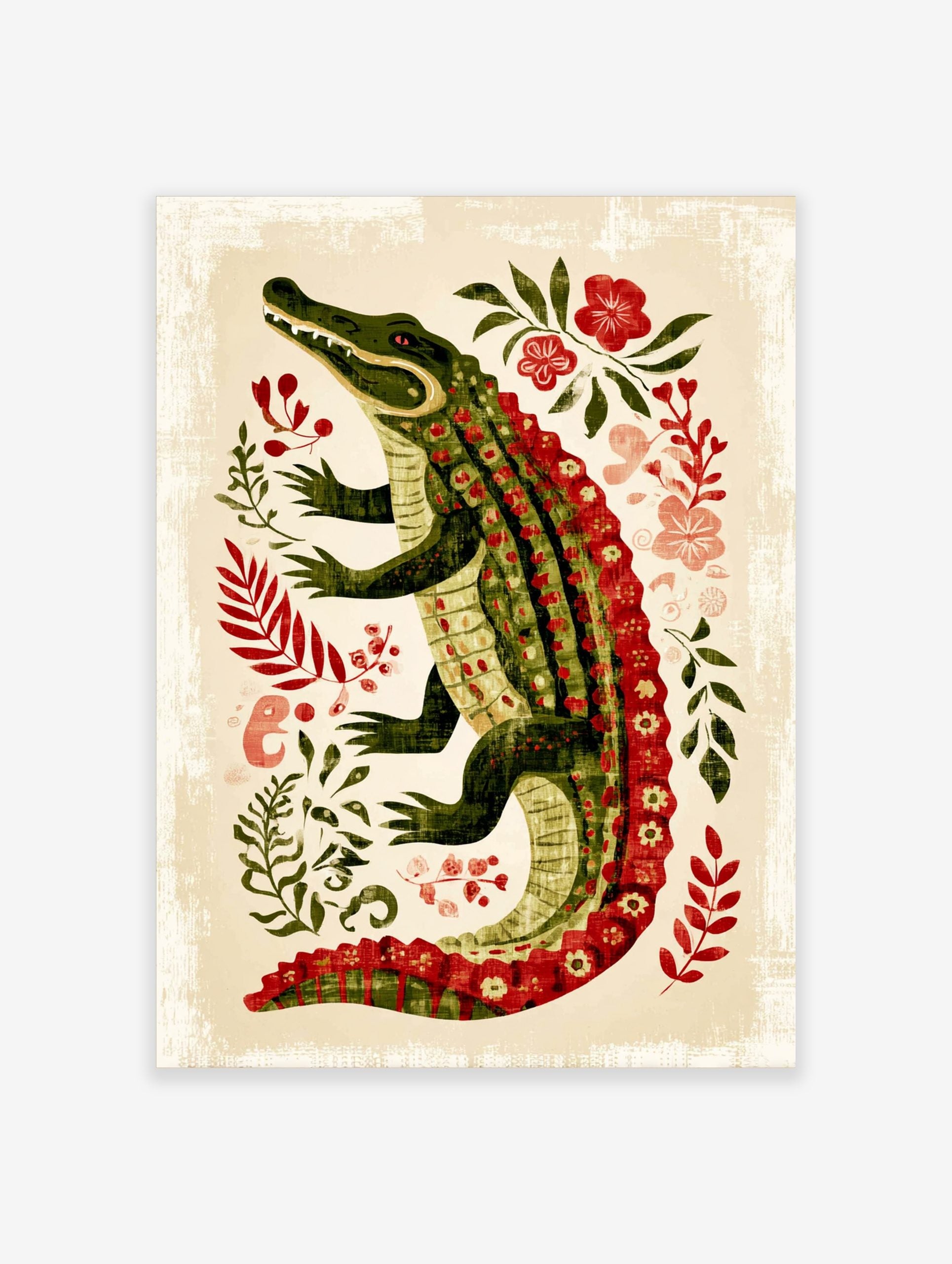 Illustrative green alligator with red patterned scales and red eyes, surrounded by green leaves and red flowers on a beige