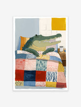 Illustrated alligator in a colorful patchwork bed with a mug on the nightstand, charming animal wall art print.