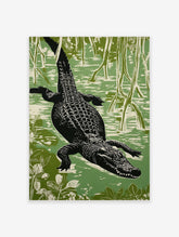 Linocut style alligator swimming through a green swamp, viewed from above, with roots and foliage