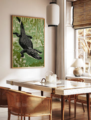 Linocut style alligator swimming through a green swamp, viewed from above, with roots and foliage, in a styled room mockup