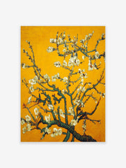 Close-up of white almond blossoms on dark branches against a vibrant yellow background, Post-Impressionist style