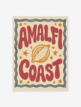 Amalfi Coast poster with red typography, hand-drawn lemon and orange stars on cream background