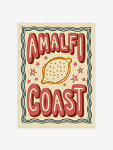 Amalfi Coast poster with pink 3D typography, orange lemon illustration, and star motifs on cream background
