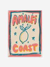 Amalfi Coast poster with pink brush lettering, a teal lemon outline, and blue stars on a cream background