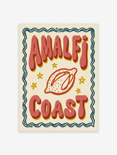 Amalfi Coast retro poster with pink bubble text, lemon illustration, stars, and wavy blue border on cream