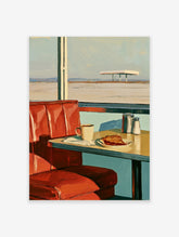 Red diner booth with coffee cup and pie beside window showing gas station canopy