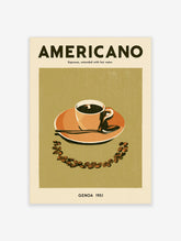 Retro Americano coffee poster with cup, saucer, spoon and coffee beans on olive background