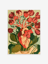Anatomical heart poster with red tulips growing from arteries and green leaves on pale blue background