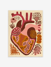 Abstract anatomical heart art print in pink, brown, orange with botanical motifs on cream background