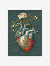 Vintage anatomical heart wall art with white peony and red flowers, green leaves, on a dark teal textured background.