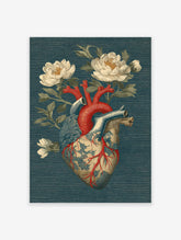 Anatomical heart illustration with red arteries and blue veins, surrounded by white flowers on a dark teal textured background.
