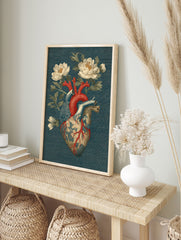 Anatomical heart illustration with red arteries and blue veins, surrounded by white flowers on a dark teal textured background. - Image 3