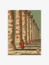 Lone figure in red robe among ancient columns, Japanese woodblock style print