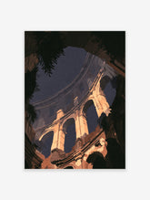 Ancient ruins archway poster with warm stone arches and deep blue sky