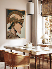 Ancient Spartan warrior helmet and armour depicted in profile with intricate orange and brown line, in a styled room mockup