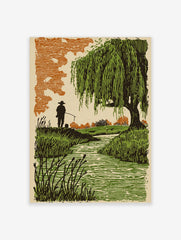 Lino-cut style print of an angler fishing by a green stream with weeping willow tree and orange sky